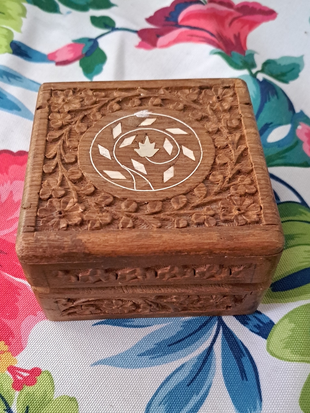 Hand-Carved Wooden Trinket Box with Inlay